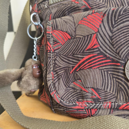 Kipling Bag with Monkey Charm Complete Set and Purse  Brown  and Coral Pattern
