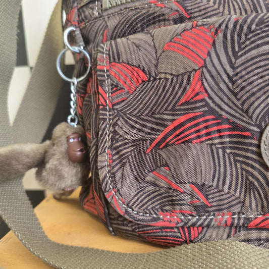 Kipling Bag with Monkey Charm Complete Set and Purse  Brown  and Coral Pattern