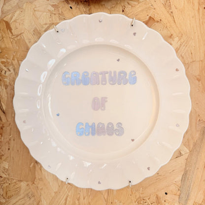 Vintage Plates With Slogan On ‘Creature Of Chaos’, Handmade Unique UK Novelty