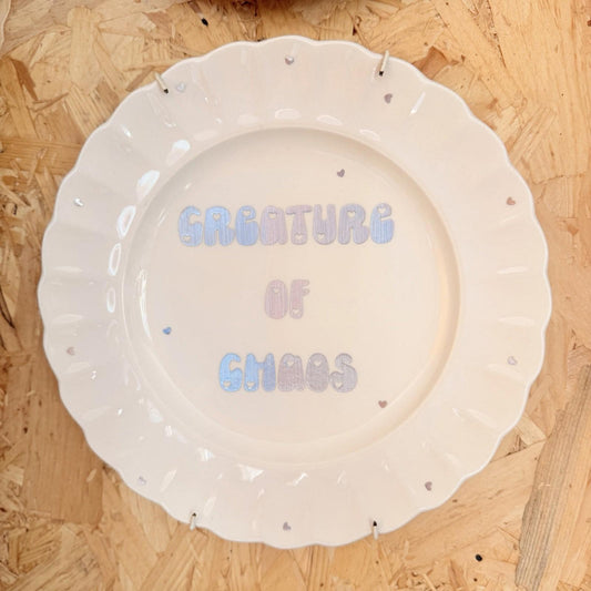 Vintage Plates With Slogan On ‘Creature Of Chaos’, Handmade Unique UK Novelty