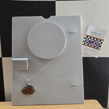 Cognac / Brown BALTIC AMBER Oval Pendant 925 STERLING SILVER Vintage Large