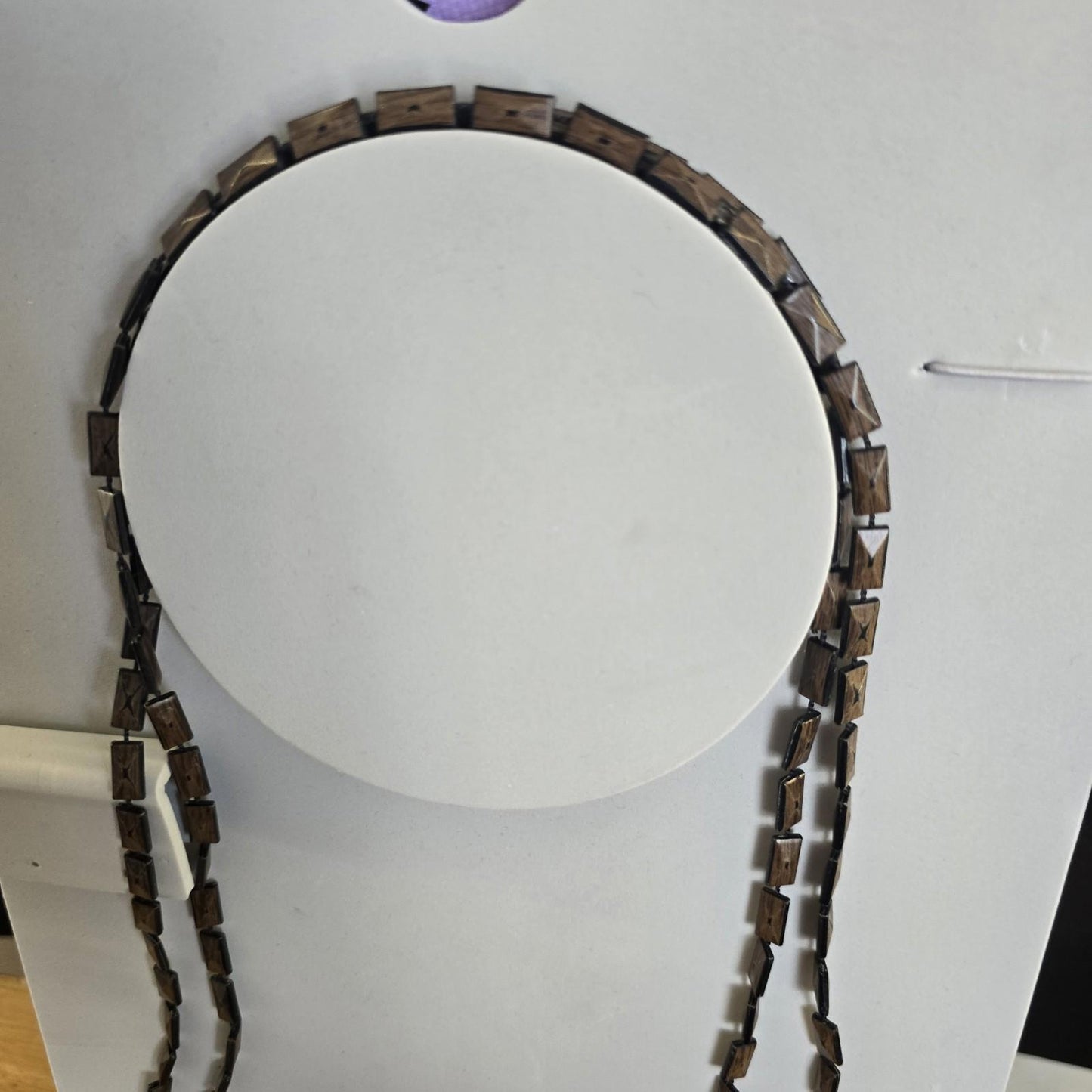 Unusual Vintage Wood Effect Long Necklace MCM 1960s Retro Statement Jewellery