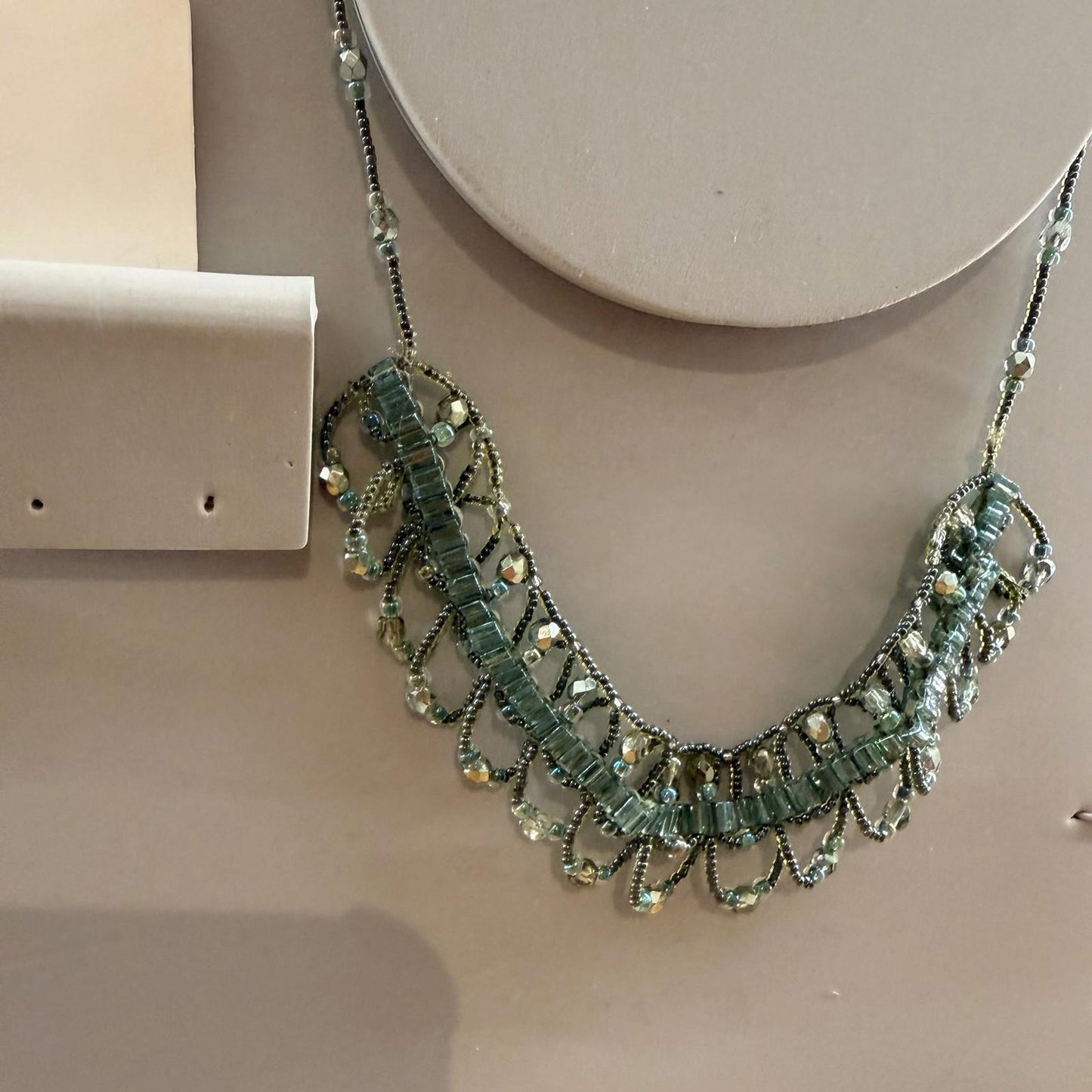 Vintage Handmade Beaded Necklace Green Complex Pattern Choker