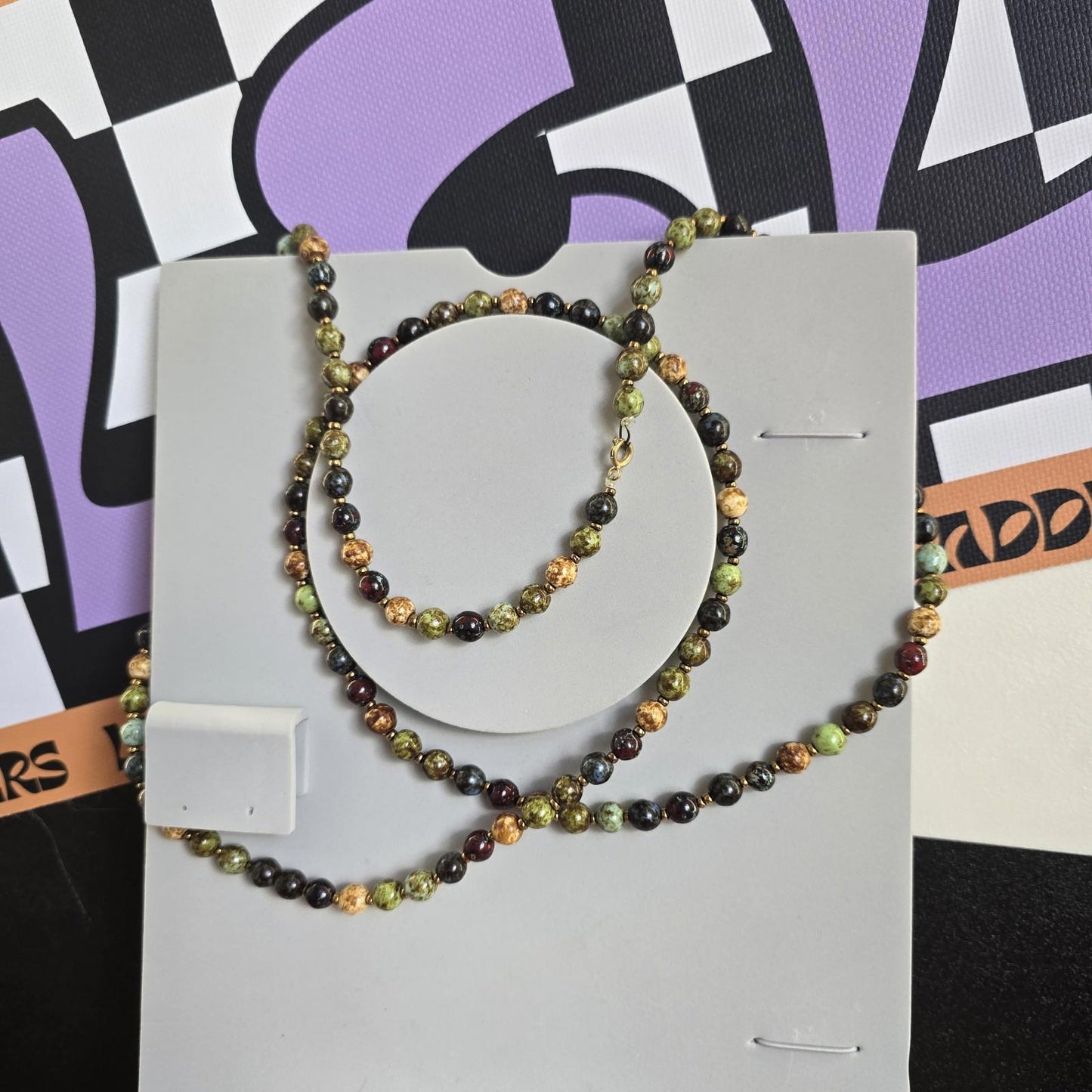 Vintage Brown and Green Beaded Stone Extra Long Necklace Costume Jewellery