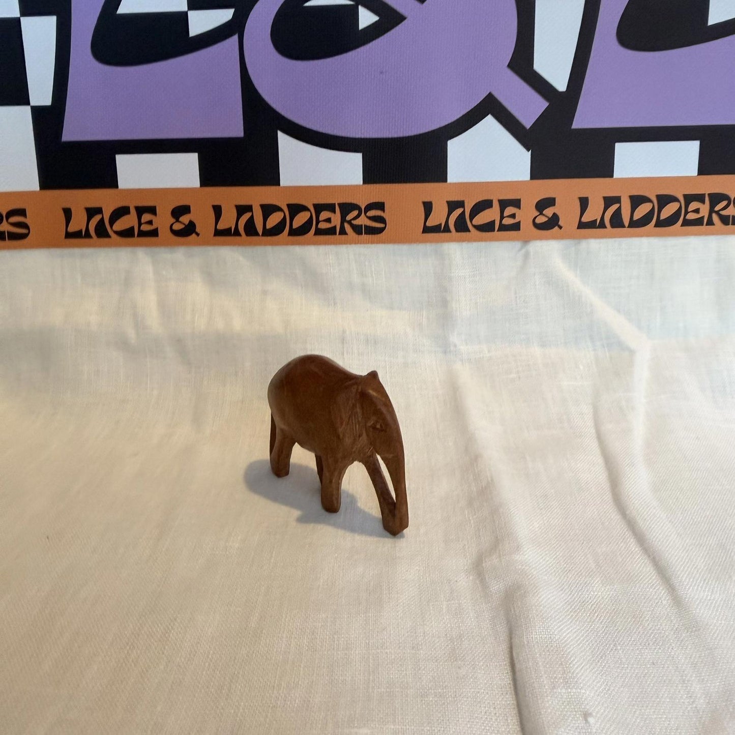 Vintage Hand Carved Wooden Elephant with Trunk mcm ornament