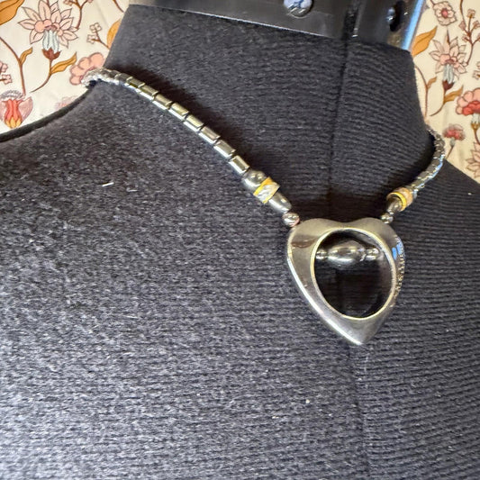 vintage Haematite Heart Pendant Necklace With Orange Gemstone y2k