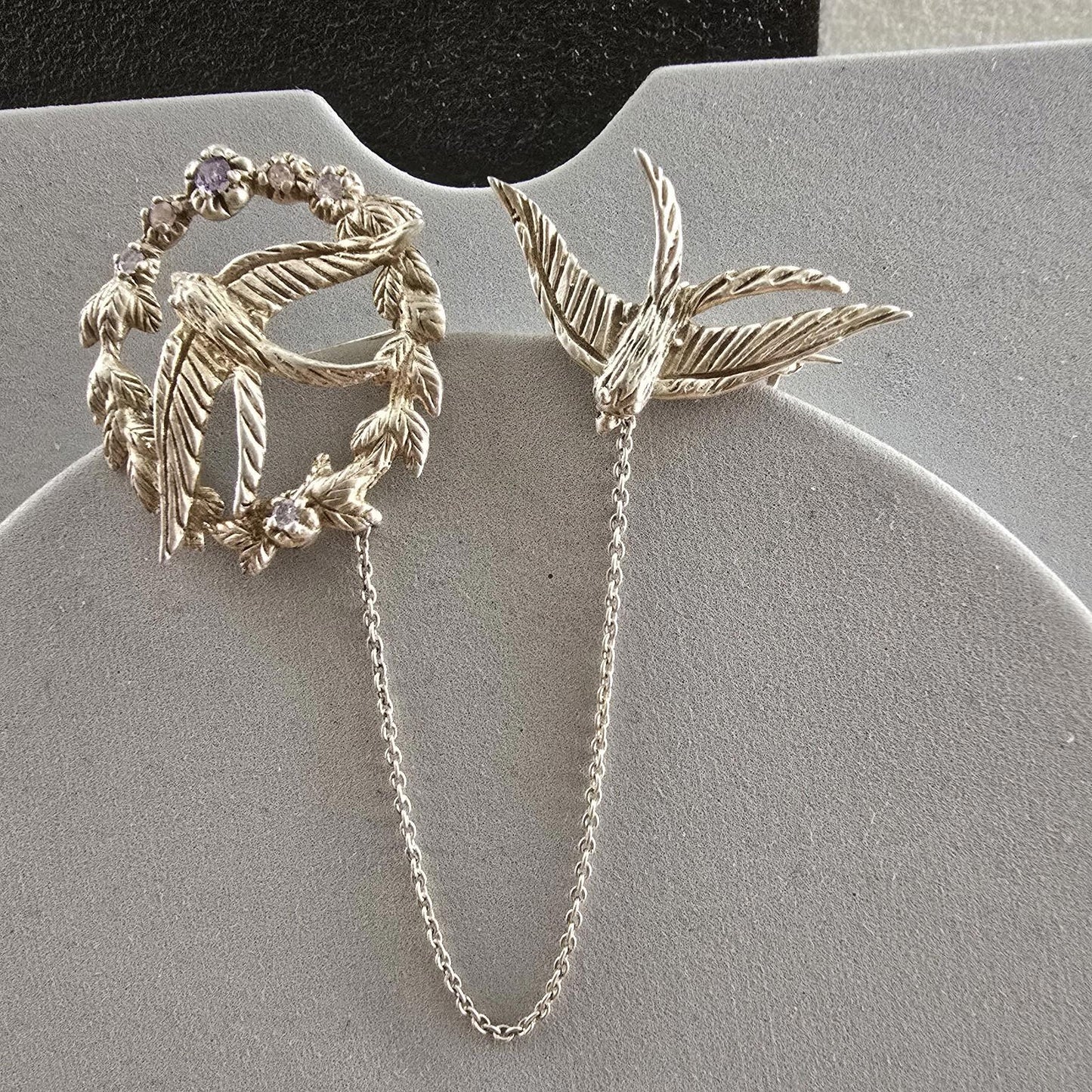 Antique Solid Silver Swallow Bird Brooch With Gemstones Plus Safety Swallow