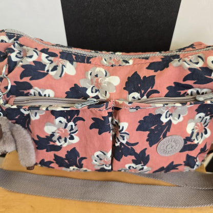 Kipling Cross Body Bag Peach Black Flowers Large With Monkey extra pockets