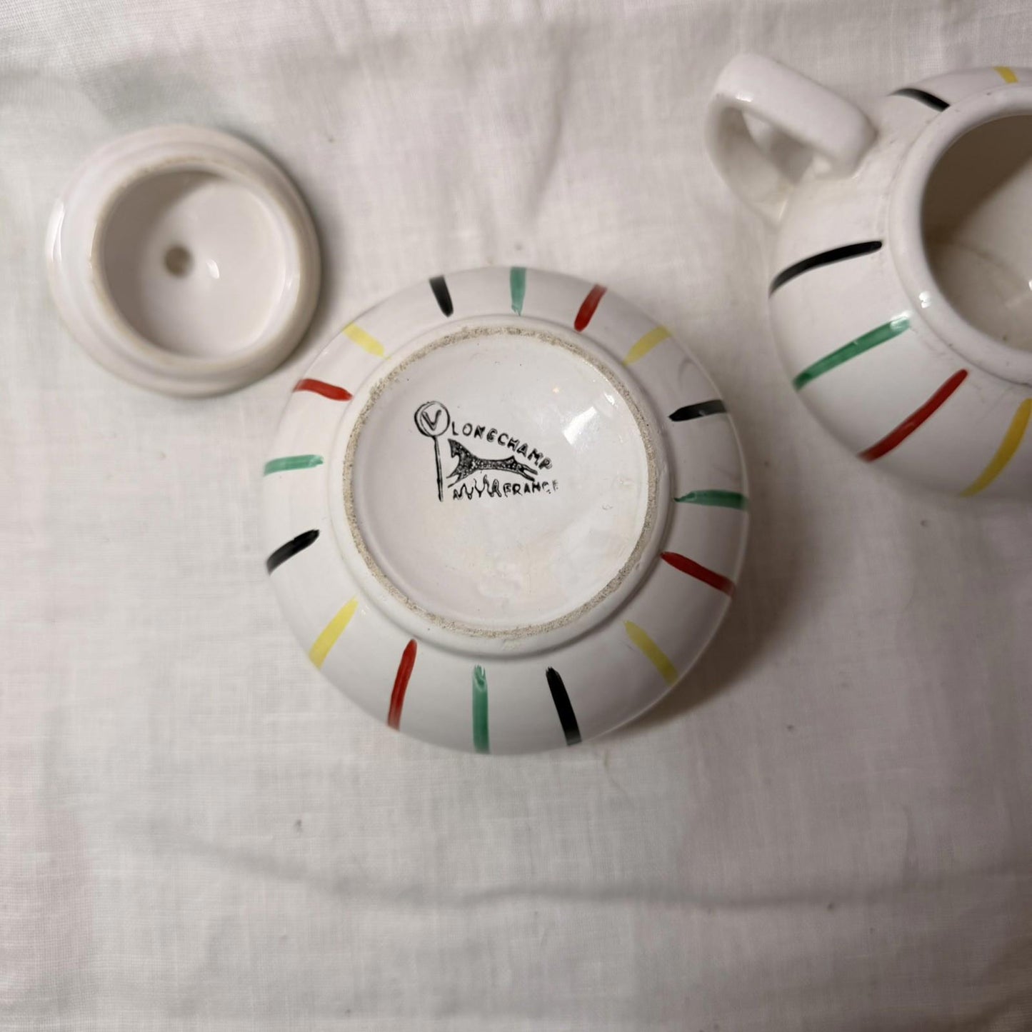 rare Longchamp, France, hand painted, sugar bowl and milk jug in faience. mcm