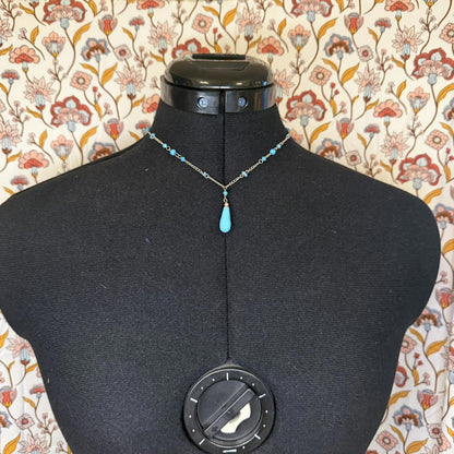 Vintage Costume Jewellery Necklace Metal Chain Design blue turquoise pendant