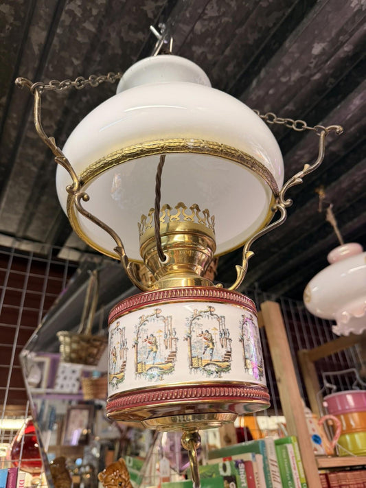 BRASS CERAMIC CEILING LIGHT WITH GLASS OPALINE SHADE - Burgundy Victorian rare