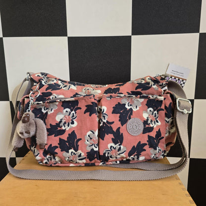 Kipling Cross Body Bag Peach Black Flowers Large With Monkey extra pockets