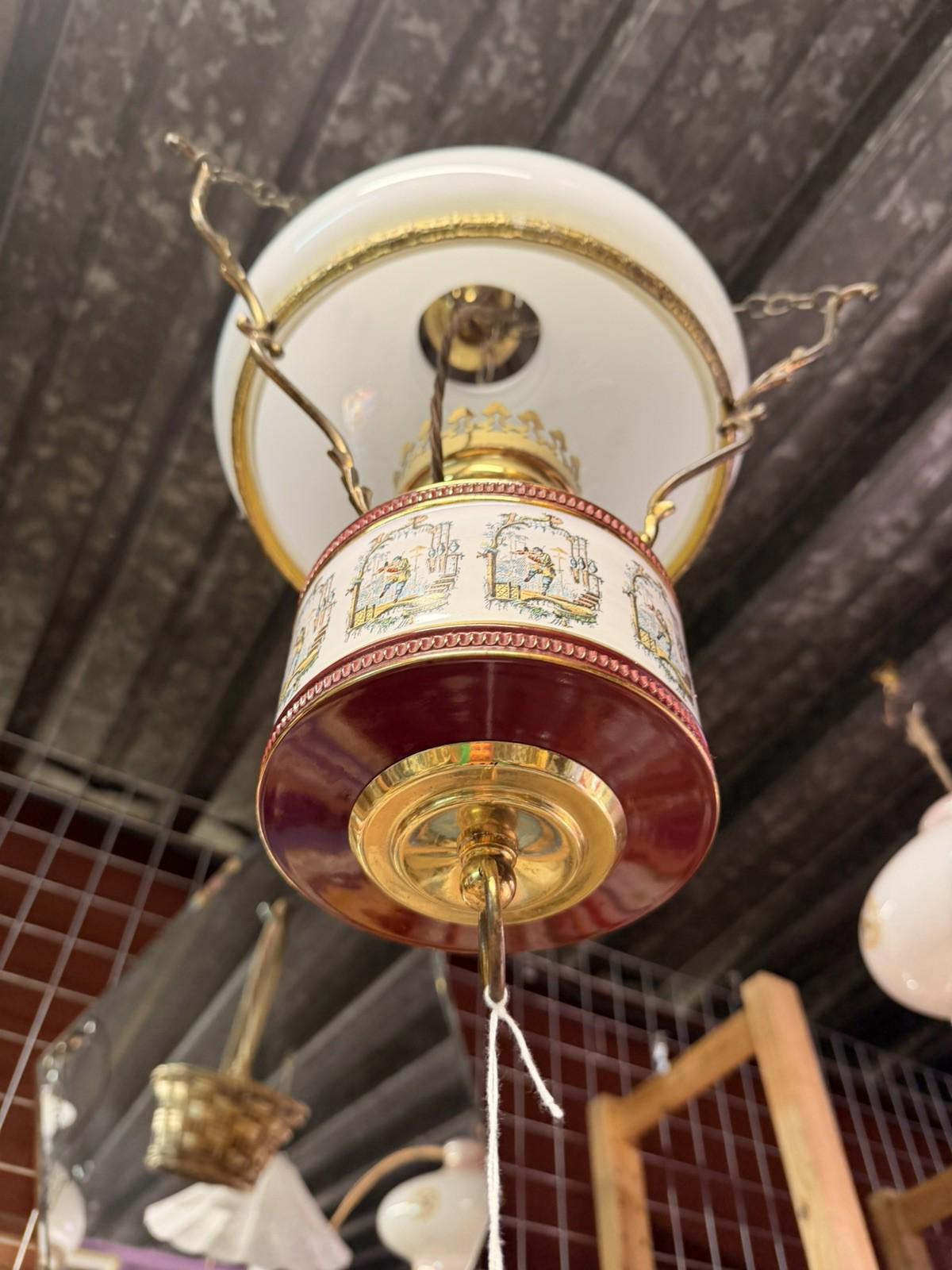 BRASS CERAMIC CEILING LIGHT WITH GLASS OPALINE SHADE - Burgundy Victorian rare