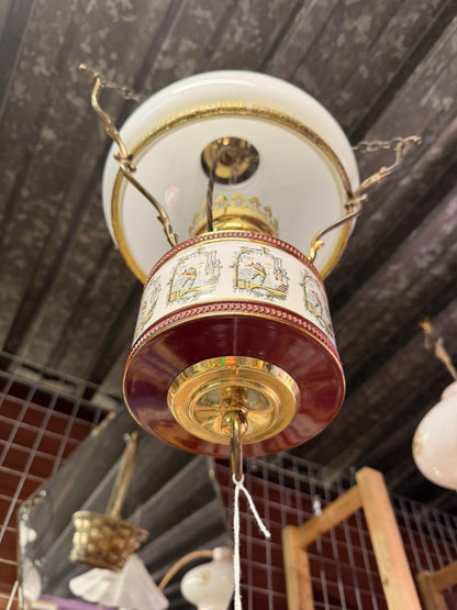 BRASS CERAMIC CEILING LIGHT WITH GLASS OPALINE SHADE - Burgundy Victorian rare