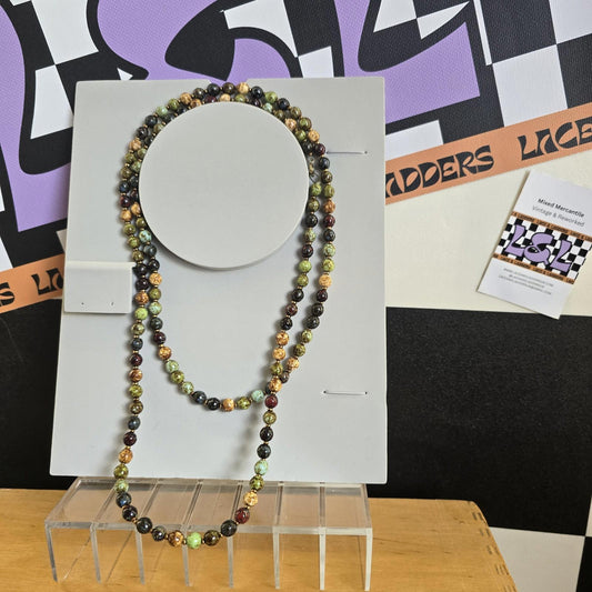 Vintage Brown and Green Beaded Stone Extra Long Necklace Costume Jewellery