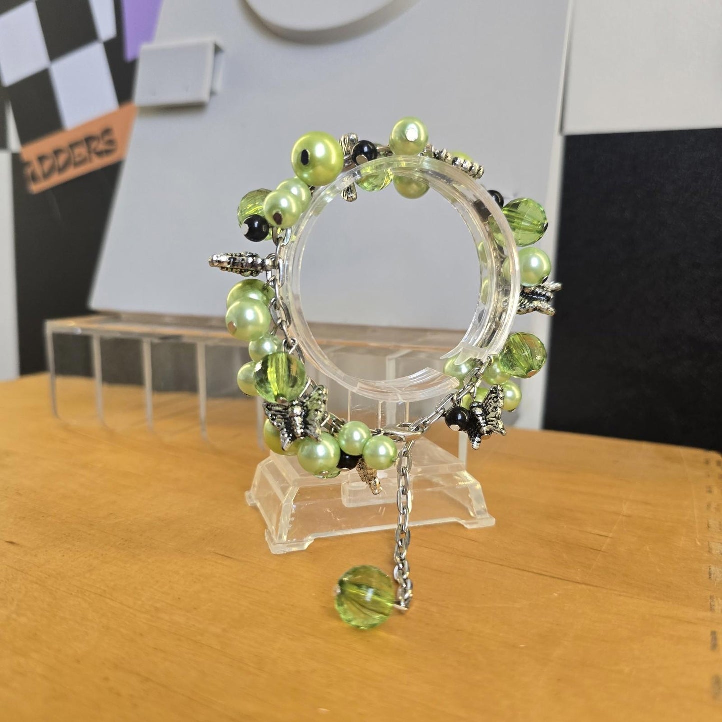 Vintage Green Y2k Multi Charm Bracelet Costume Jewellery Silver Tone