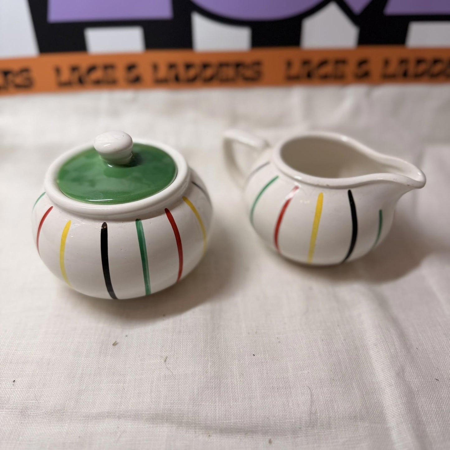 rare Longchamp, France, hand painted, sugar bowl and milk jug in faience. mcm
